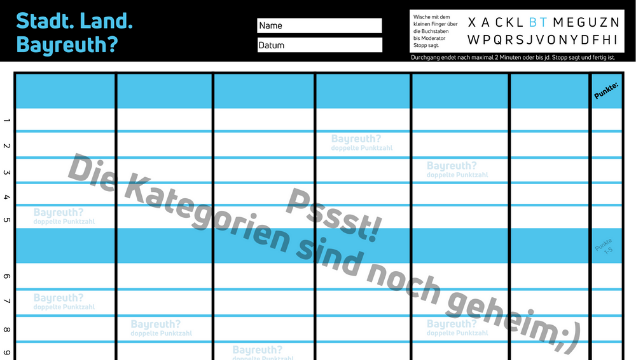 Pssst. Die Kategorien für Stadt. Land. Bayreuth? am 30.3. sind noch geheim