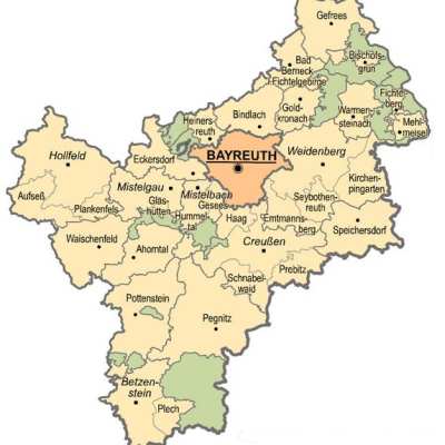 Landkreiskarte mit den 33 Landkreiskommunen und der Stadt Bayreuth